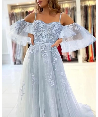 Off The Shoulder Lace Applique Prom Dress for Teens Tulle Long Spaghetti Straps Formal Evening Prom Gown for Women Champagne ...