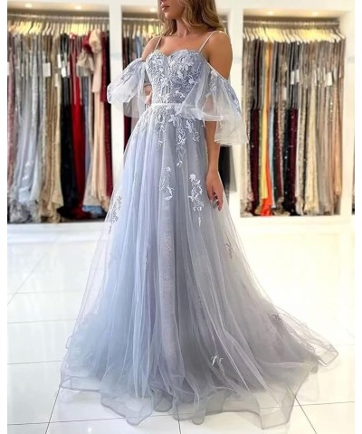 Off The Shoulder Lace Applique Prom Dress for Teens Tulle Long Spaghetti Straps Formal Evening Prom Gown for Women Champagne ...