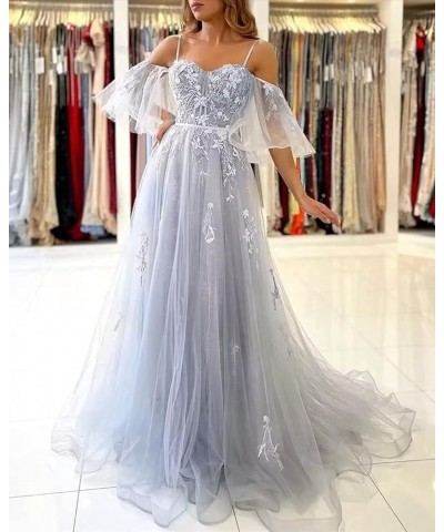 Off The Shoulder Lace Applique Prom Dress for Teens Tulle Long Spaghetti Straps Formal Evening Prom Gown for Women Champagne ...