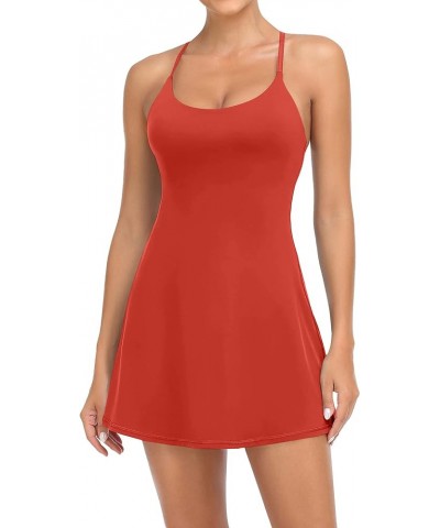 Women Workout Tennis Dress with Built-in Bra Shorts, Cross Shoulder Straps and Pockets Hot Pink $19.13 Dresses