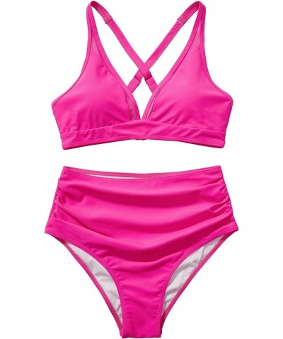 Women Mesh V Neck Two Piece Swimsuit High Waisted Bikini Set Ruched Tummy Control Bathing Suits 026 Hot Pink $17.27 Swimsuits