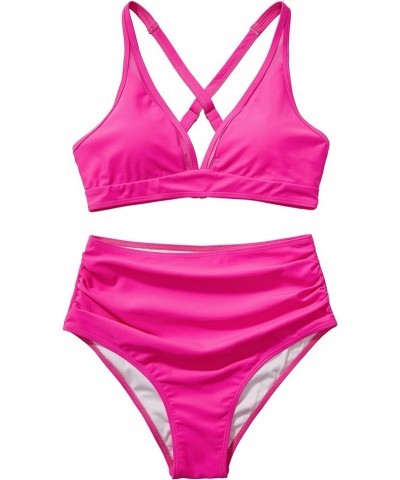 Women Mesh V Neck Two Piece Swimsuit High Waisted Bikini Set Ruched Tummy Control Bathing Suits 026 Hot Pink $17.27 Swimsuits