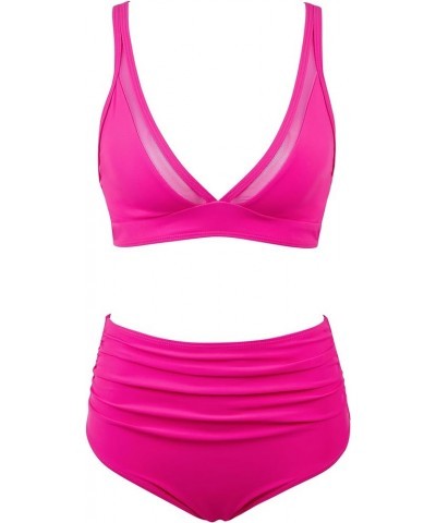 Women Mesh V Neck Two Piece Swimsuit High Waisted Bikini Set Ruched Tummy Control Bathing Suits 026 Hot Pink $17.27 Swimsuits