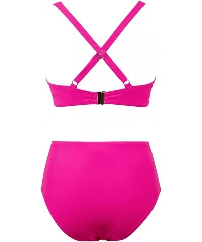 Women Mesh V Neck Two Piece Swimsuit High Waisted Bikini Set Ruched Tummy Control Bathing Suits 026 Hot Pink $17.27 Swimsuits