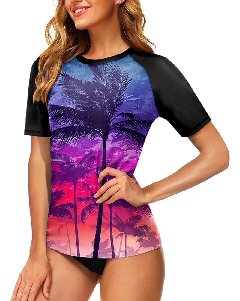 Women Short Sleeve Rash Guard UPF 50+ Tropical Sun Protection Floral Swim Shirts Coconut Palm Tree $14.57 Swimsuits