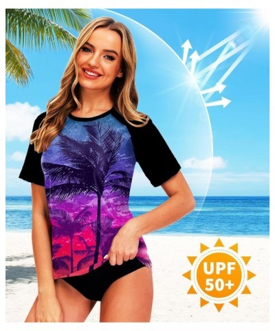 Women Short Sleeve Rash Guard UPF 50+ Tropical Sun Protection Floral Swim Shirts Coconut Palm Tree $14.57 Swimsuits