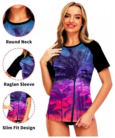 Women Short Sleeve Rash Guard UPF 50+ Tropical Sun Protection Floral Swim Shirts Coconut Palm Tree $14.57 Swimsuits