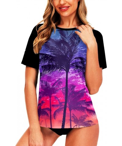 Women Short Sleeve Rash Guard UPF 50+ Tropical Sun Protection Floral Swim Shirts Coconut Palm Tree $14.57 Swimsuits