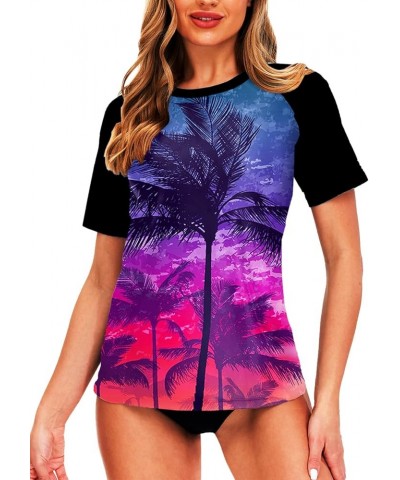 Women Short Sleeve Rash Guard UPF 50+ Tropical Sun Protection Floral Swim Shirts Coconut Palm Tree $14.57 Swimsuits