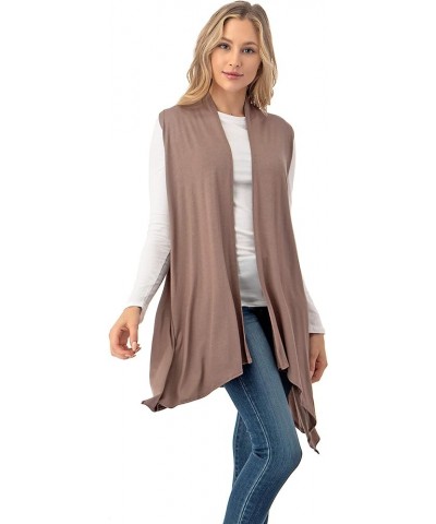 Sleeveless Draped Open Front Cardigan Vest Asymmetric Hem - Made in USA Mocha $10.50 Sweaters