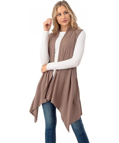 Sleeveless Draped Open Front Cardigan Vest Asymmetric Hem - Made in USA Mocha $10.50 Sweaters