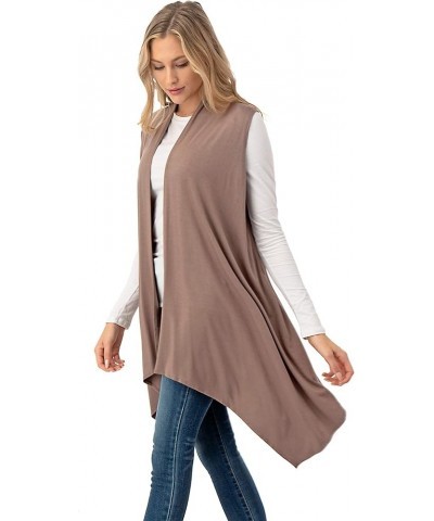 Sleeveless Draped Open Front Cardigan Vest Asymmetric Hem - Made in USA Mocha $10.50 Sweaters