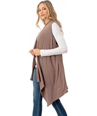 Sleeveless Draped Open Front Cardigan Vest Asymmetric Hem - Made in USA Mocha $10.50 Sweaters