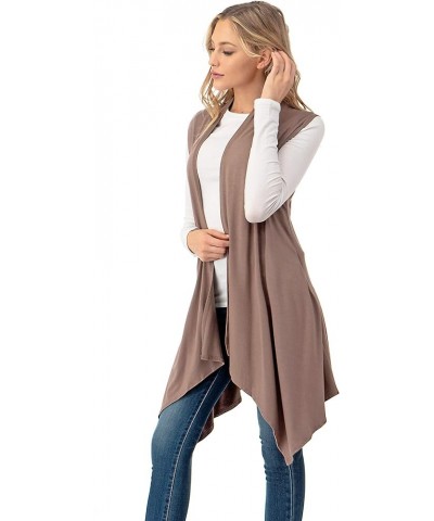 Sleeveless Draped Open Front Cardigan Vest Asymmetric Hem - Made in USA Mocha $10.50 Sweaters