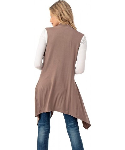 Sleeveless Draped Open Front Cardigan Vest Asymmetric Hem - Made in USA Mocha $10.50 Sweaters