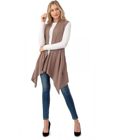 Sleeveless Draped Open Front Cardigan Vest Asymmetric Hem - Made in USA Mocha $10.50 Sweaters