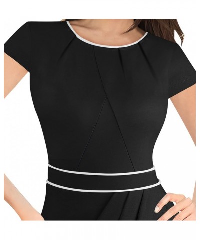 Womens Gathered Crew Neck Work Pleated Waist Tulip Slit Business Office Flattering Sheath Pencil Dress Black $26.39 Dresses