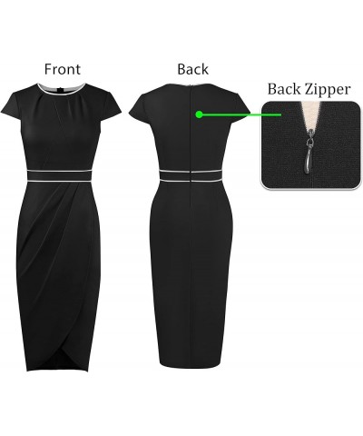 Womens Gathered Crew Neck Work Pleated Waist Tulip Slit Business Office Flattering Sheath Pencil Dress Black $26.39 Dresses