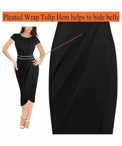 Womens Gathered Crew Neck Work Pleated Waist Tulip Slit Business Office Flattering Sheath Pencil Dress Black $26.39 Dresses