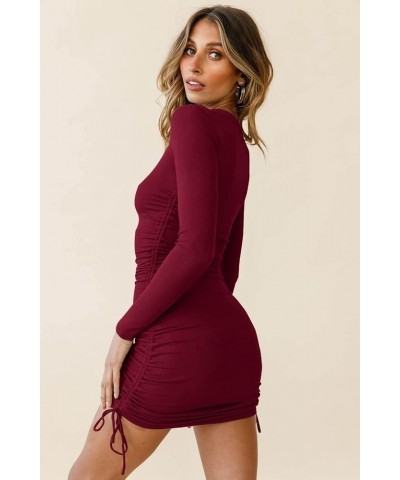 Womens Bodycon Ruched Mini Dress Long Sleeve Drawstring Stretchy Casual Ribbed Party Club Dresses Wine Red $19.46 Dresses