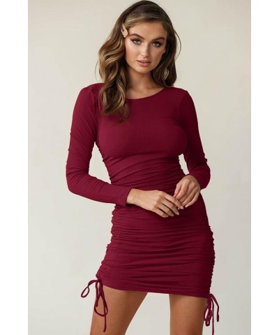 Womens Bodycon Ruched Mini Dress Long Sleeve Drawstring Stretchy Casual Ribbed Party Club Dresses Wine Red $19.46 Dresses