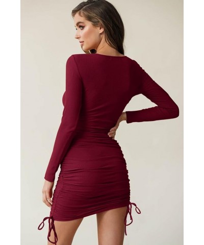 Womens Bodycon Ruched Mini Dress Long Sleeve Drawstring Stretchy Casual Ribbed Party Club Dresses Wine Red $19.46 Dresses