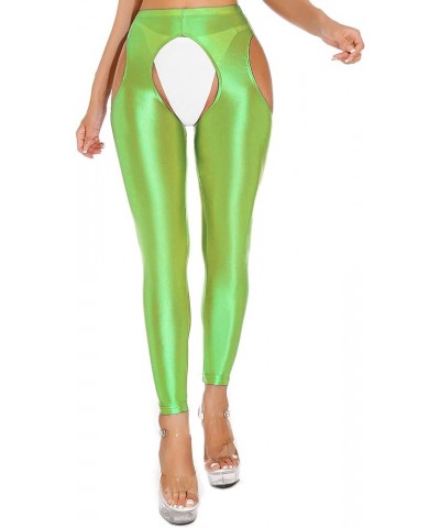 Womens Glossy Cutout Leggings High Waist Open Crotch Thigh High Stretchy Yoga Skinny Pants Fluorescent Green $9.32 Leggings