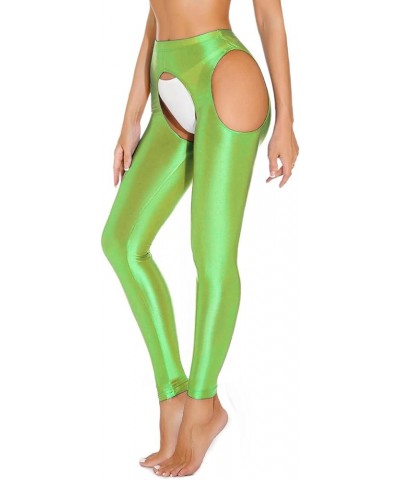 Womens Glossy Cutout Leggings High Waist Open Crotch Thigh High Stretchy Yoga Skinny Pants Fluorescent Green $9.32 Leggings