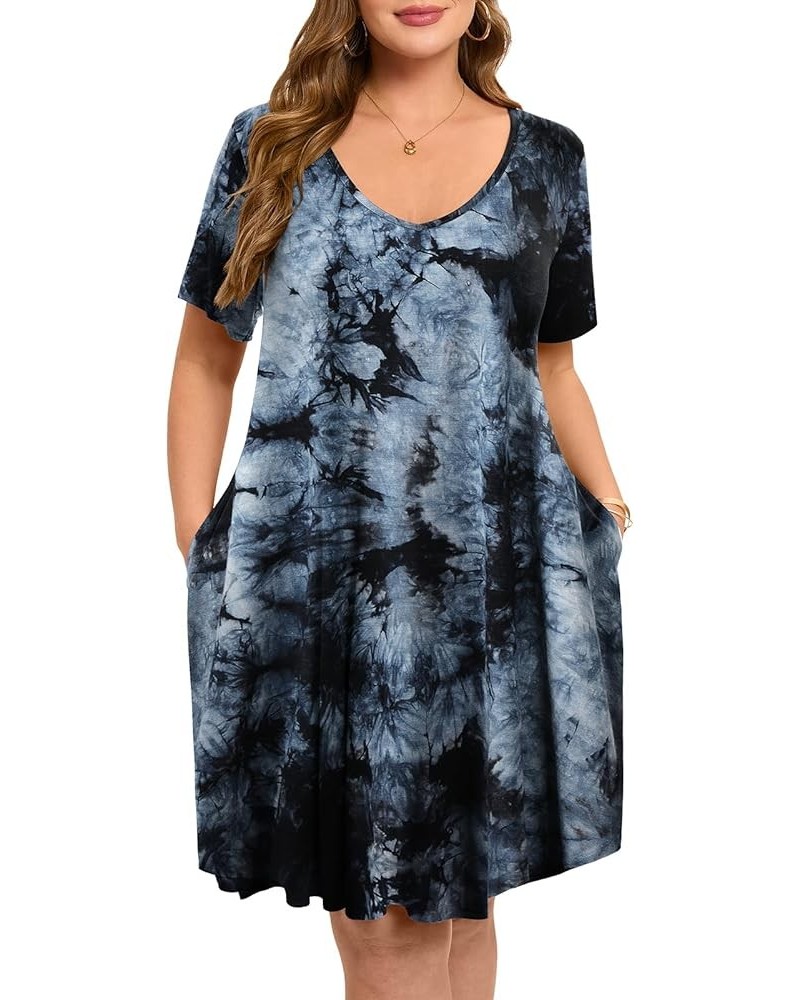 Women's Plus Size Swing Dress with Pockets Casual Summer Dresses V Neck Short Sleeve T Shirt Dress for Women T10-black $12.69...