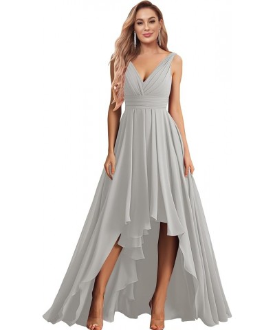 Women's V Neck Bridesmaid Dresses for Wedding with Pockets Chiffon Ruched Long Formal Prom Evening Dress Silver $20.70 Dresses