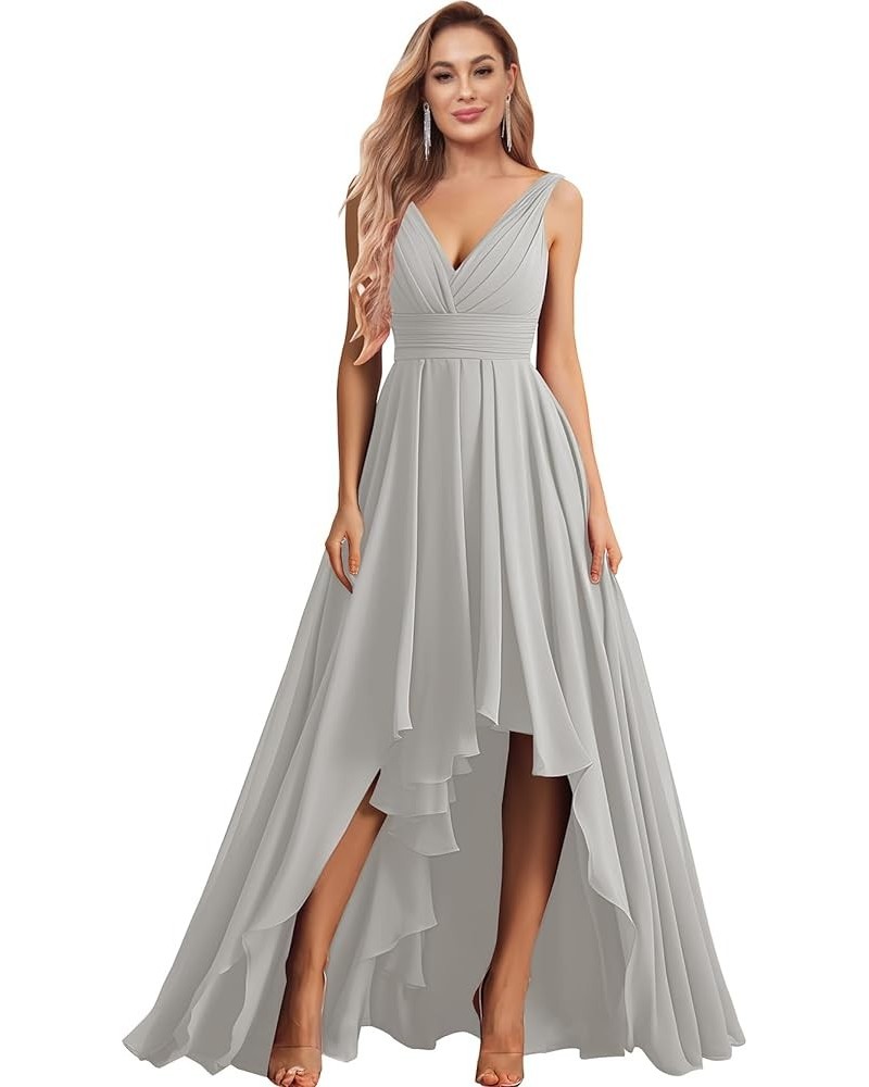 Women's V Neck Bridesmaid Dresses for Wedding with Pockets Chiffon Ruched Long Formal Prom Evening Dress Silver $20.70 Dresses