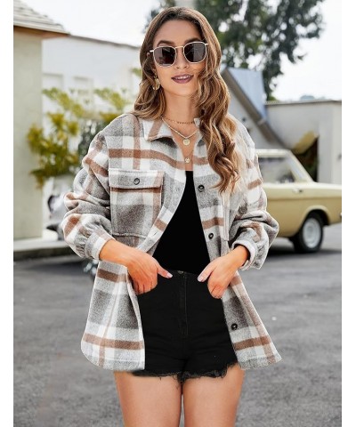 Women's Casual Plaid Wool Blend Shacket Coat Button Front Brushed Flannel Shirt Jacket Tops Khaki $8.26 Blouses