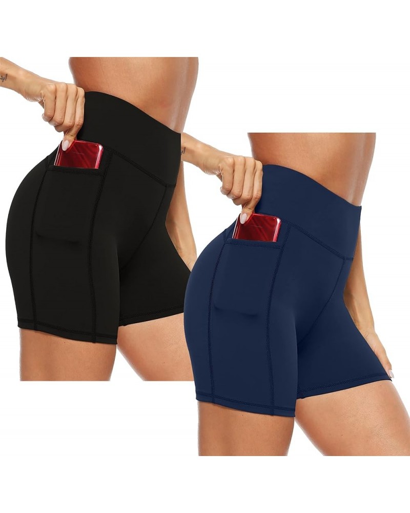 Women's High Waist Biker Shorts with Pockets, 5"/8" Tummy Control Athletic Workout Running Yoga Shorts 2-pack Black/Navy $11....