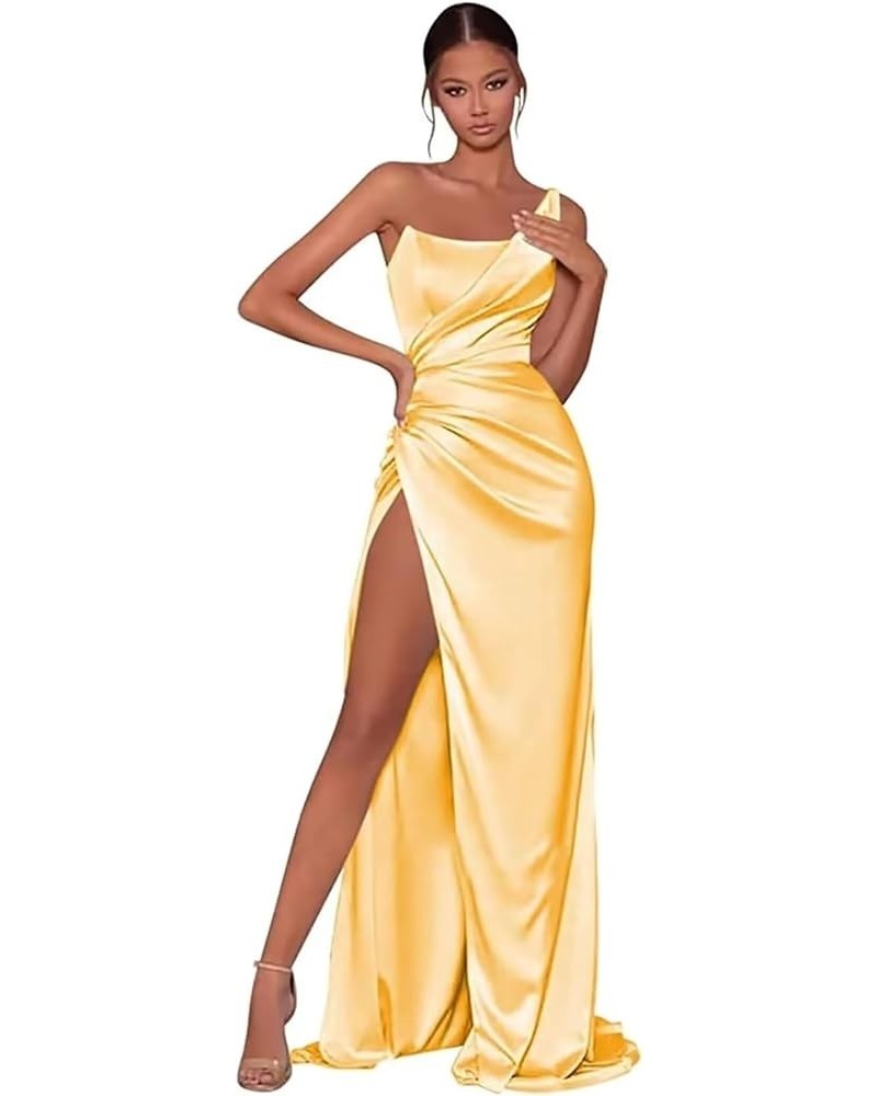 One Shoulder Satin Prom Dresses Long 2024 Pleated Mermaid Wedding Bridesmaid Dress with Slit Yellow $36.39 Dresses