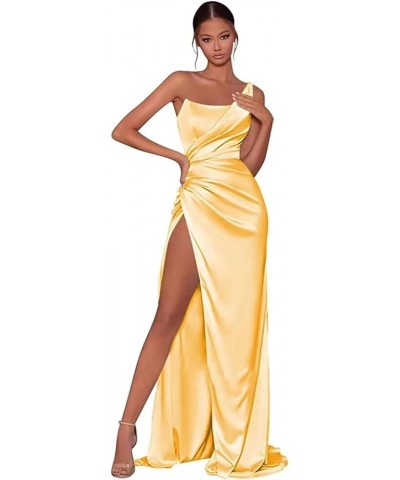 One Shoulder Satin Prom Dresses Long 2024 Pleated Mermaid Wedding Bridesmaid Dress with Slit Yellow $36.39 Dresses