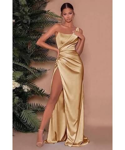 One Shoulder Satin Prom Dresses Long 2024 Pleated Mermaid Wedding Bridesmaid Dress with Slit Yellow $36.39 Dresses