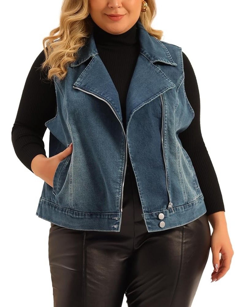 Plus Size Denim Vest for Women 2024 Zipper Sleeveless Jackets Motorcycle Washed Jean Vest Jacket Blue $23.75 Vests