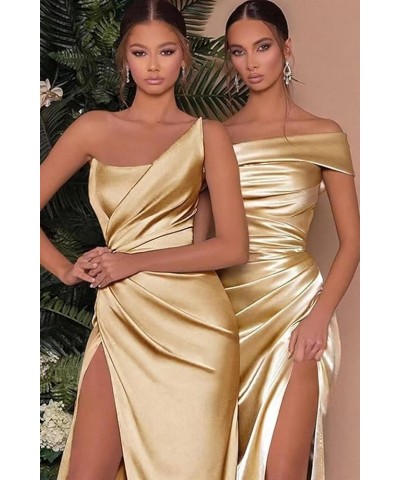 One Shoulder Satin Prom Dresses Long 2024 Pleated Mermaid Wedding Bridesmaid Dress with Slit Yellow $36.39 Dresses