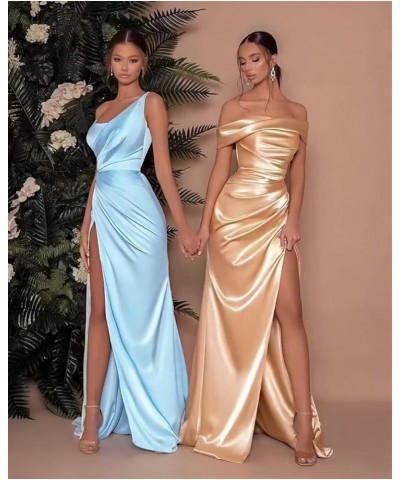 One Shoulder Satin Prom Dresses Long 2024 Pleated Mermaid Wedding Bridesmaid Dress with Slit Yellow $36.39 Dresses