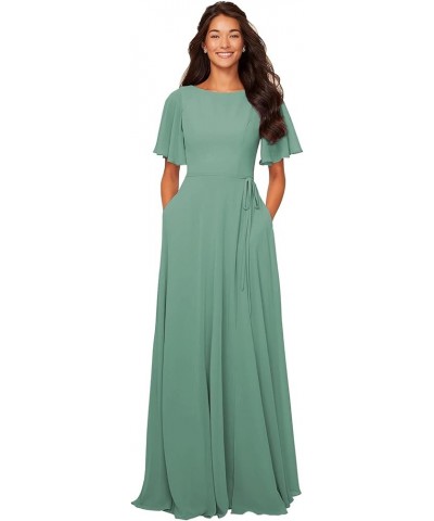 Flutter Short Sleeve Bridesmaid Dresses for Wedding 2024 Boat Neck Chiffon A-Line Formal Dress with Pockets Sash Dusty Green ...