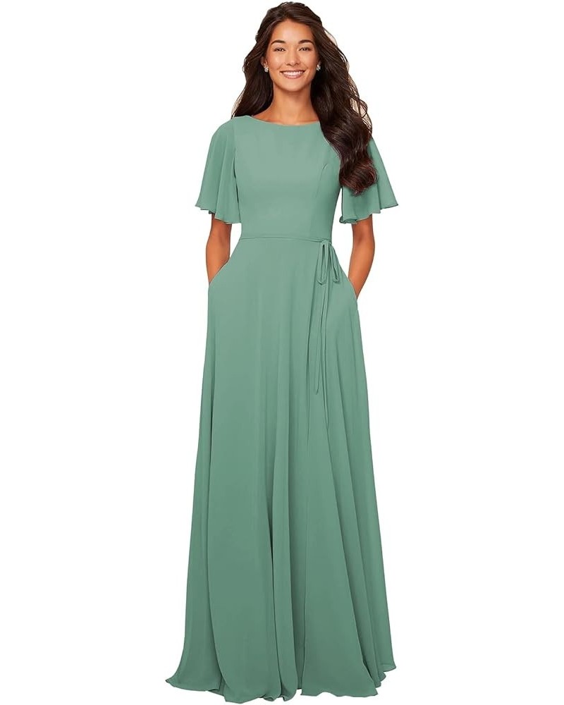 Flutter Short Sleeve Bridesmaid Dresses for Wedding 2024 Boat Neck Chiffon A-Line Formal Dress with Pockets Sash Dusty Green ...