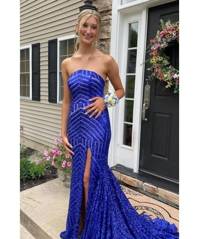 Women's Sparkly Sequin Prom Dress with Slit Floor Length Mermaid Strapless Wedding Party Ball Gowns with Pleated B-royal Blue...