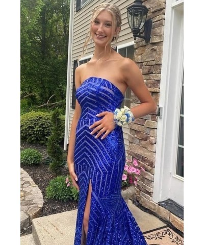 Women's Sparkly Sequin Prom Dress with Slit Floor Length Mermaid Strapless Wedding Party Ball Gowns with Pleated B-royal Blue...