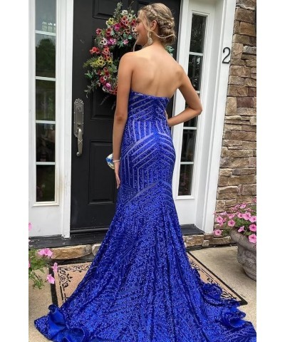 Women's Sparkly Sequin Prom Dress with Slit Floor Length Mermaid Strapless Wedding Party Ball Gowns with Pleated B-royal Blue...