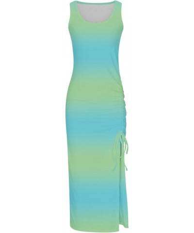 Women's Summer Dresses 2024 Sleeveless High Waist Solid and Printed Ribbed Drawstring Ruched Sexy High Slit Dresses A05 Mint ...