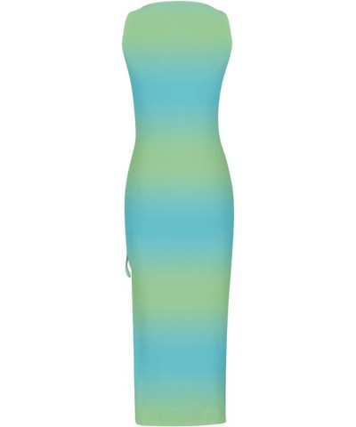 Women's Summer Dresses 2024 Sleeveless High Waist Solid and Printed Ribbed Drawstring Ruched Sexy High Slit Dresses A05 Mint ...