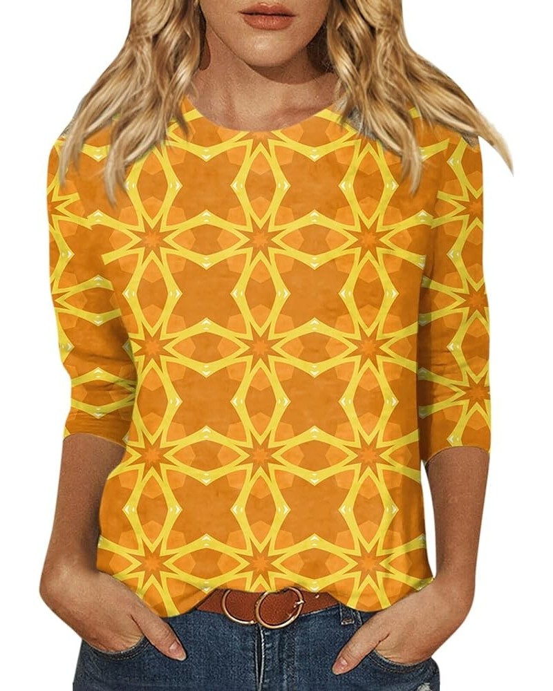 3/4 Sleeve Shirts Dressy Tops for Women Fall Fashion Clothes Crewneck Print Pullover Trendy Tunic T-Shirt Top 04-yellow $10.0...