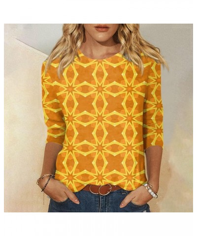 3/4 Sleeve Shirts Dressy Tops for Women Fall Fashion Clothes Crewneck Print Pullover Trendy Tunic T-Shirt Top 04-yellow $10.0...