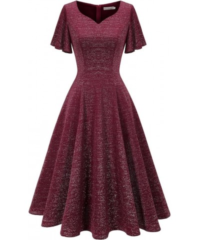Ruffle Sleeve Cocktail Dresses for Wedding Guest Fit and Flare Tea Length Party Dress Glitter-darkred $19.36 Dresses