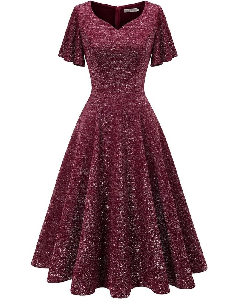 Ruffle Sleeve Cocktail Dresses for Wedding Guest Fit and Flare Tea Length Party Dress Glitter-darkred $19.36 Dresses